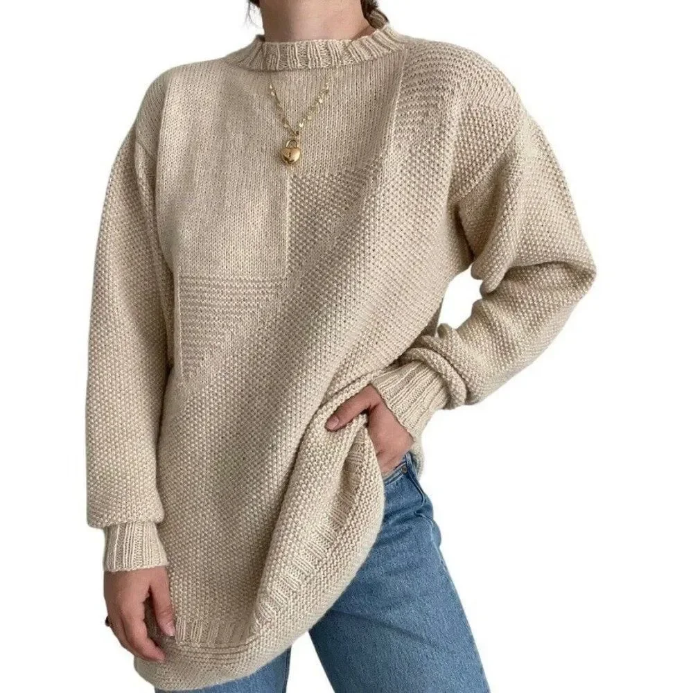 Vintage Womens Hand Knit Tan Beige Alpaca Oversized Soft Sweater Sz XL - Picture 5 of 8